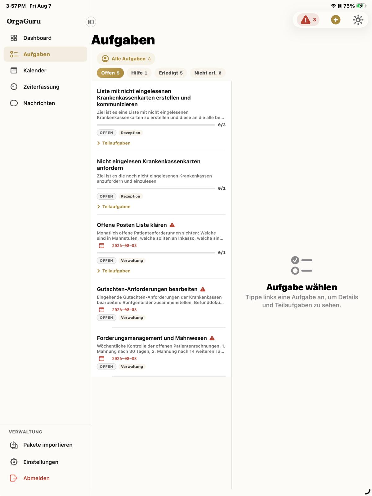 Aufgabenliste in der Orgaguru-App auf dem iPad